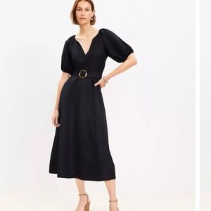 LOFT Women's Black Linen Blend Belted Puff Sleeve V Neck Midi Dress Petite‎ 8P